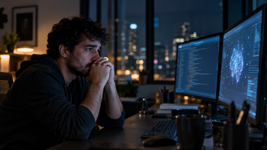 Programador com expressão de desânimo e preocupação diante de monitores com código e inteligência artificial