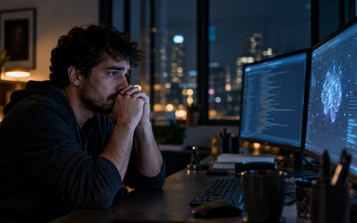 Programador com expressão de desânimo e preocupação diante de monitores com código e inteligência artificial